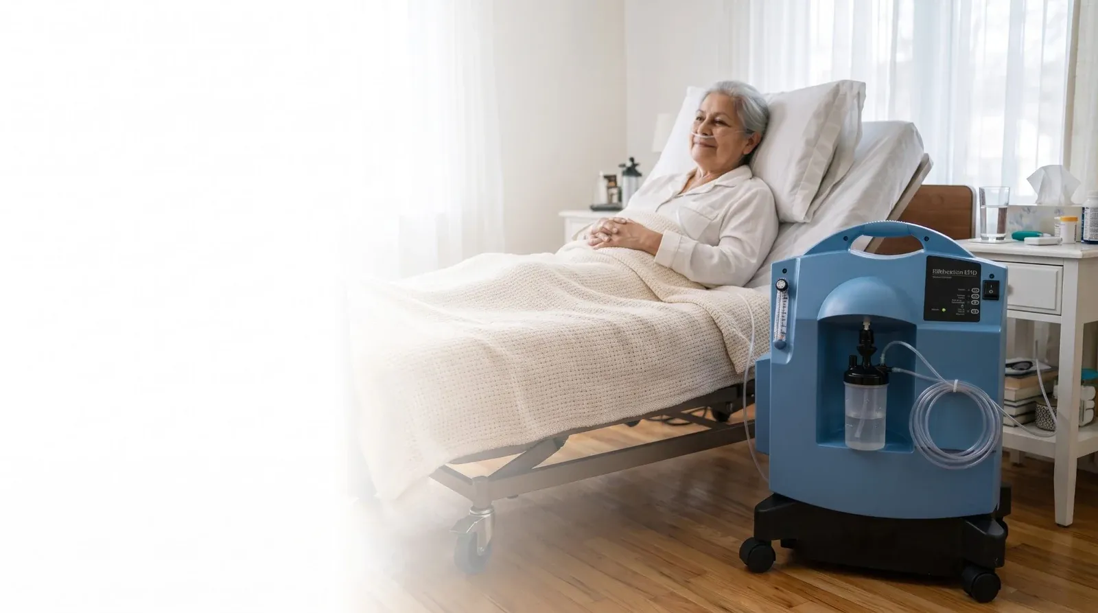 Una señora mayor sonríe recostada en su cama, con su cánula de oxígeno, junto a su concentrador de oxígeno en una habitación luminosa