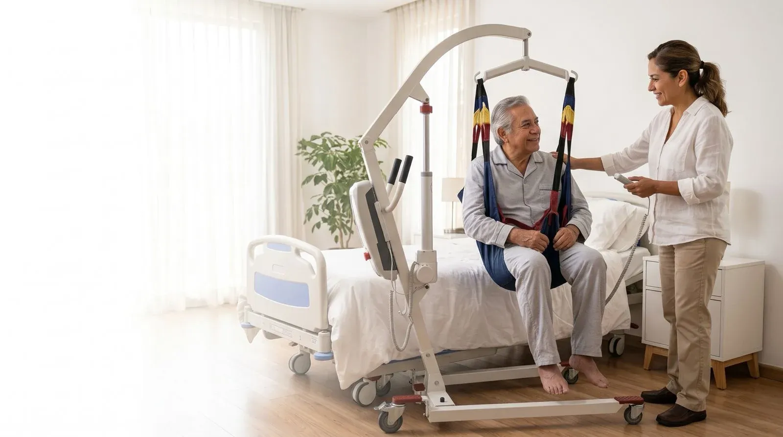 Un señor mayor sentado en la orilla de su cama, sostenido por una grúa de traslado, mientras una cuidadora lo acompaña y maneja el control