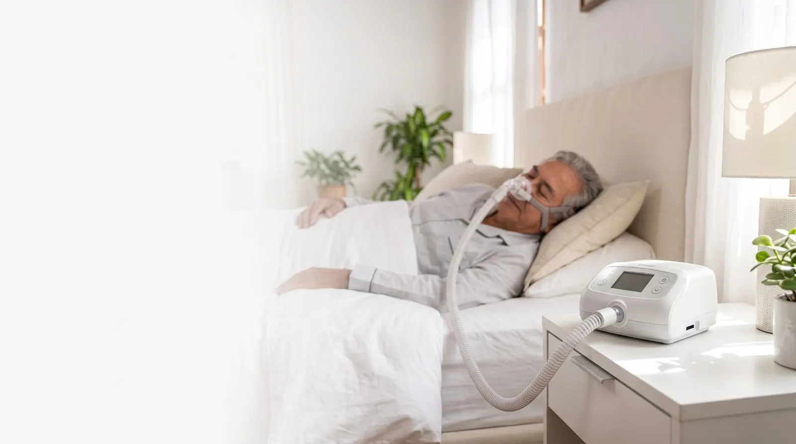 Un hombre duerme tranquilo en su cama con una mascarilla conectada a un equipo CPAP que está sobre su buró