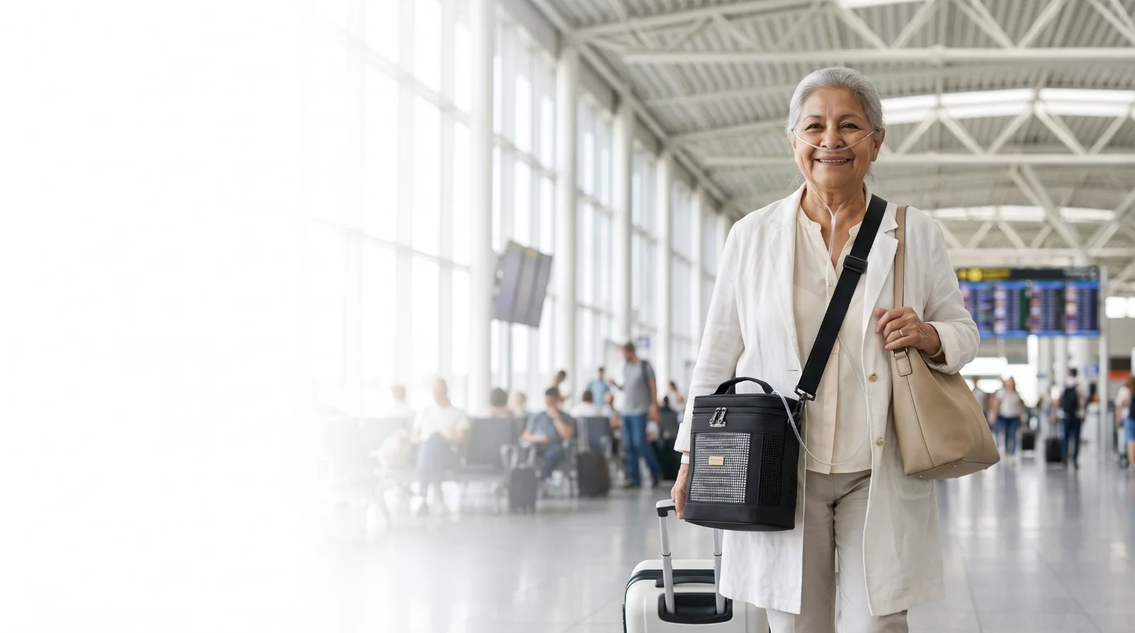 Una señora mayor sonríe en un aeropuerto con su concentrador de oxígeno portátil en una bolsa de traslado y una maleta de mano