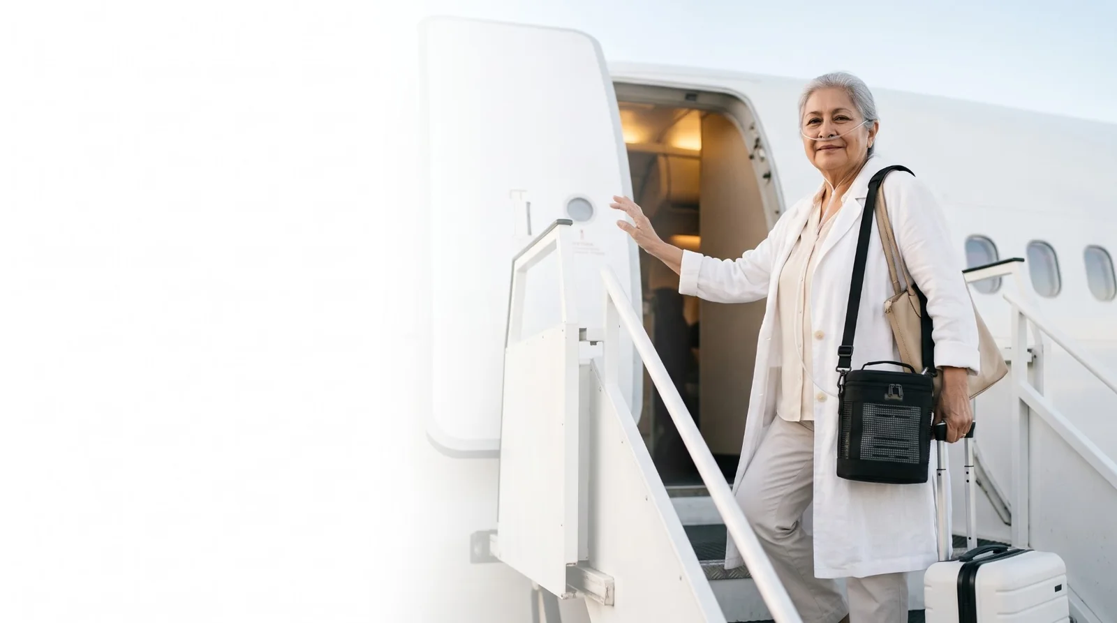 Mujer sonriente subiendo la escalerilla de un avión, con su concentrador de oxígeno portátil en una mochila de traslado y su cánula nasal