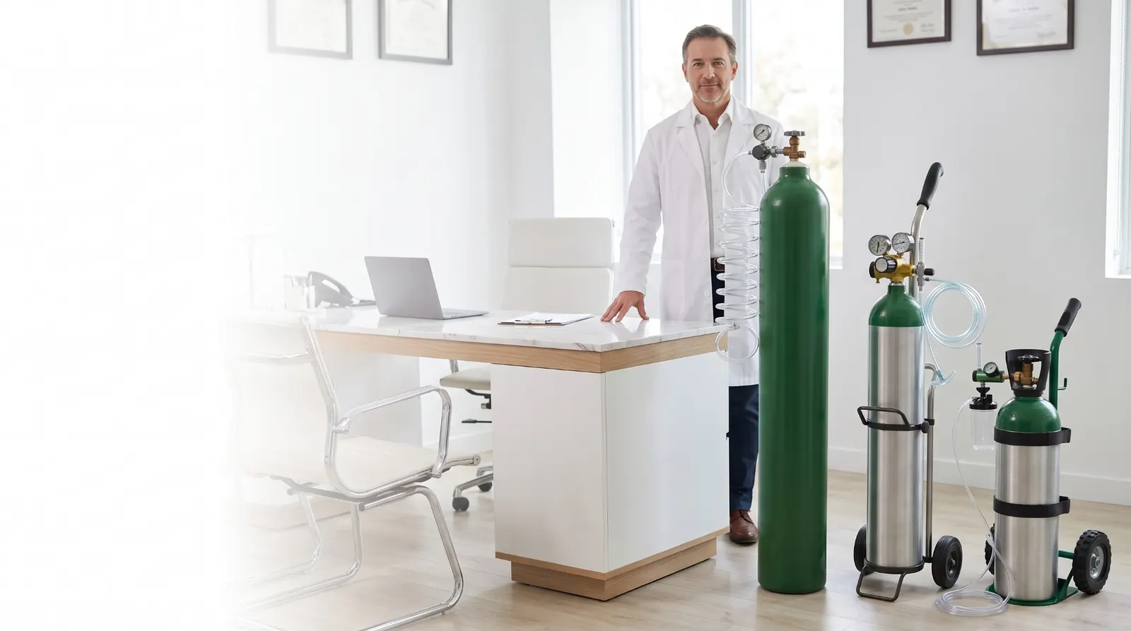 Un médico junto a tres tanques de oxígeno medicinal de distintos tamaños, dos de ellos con carrito